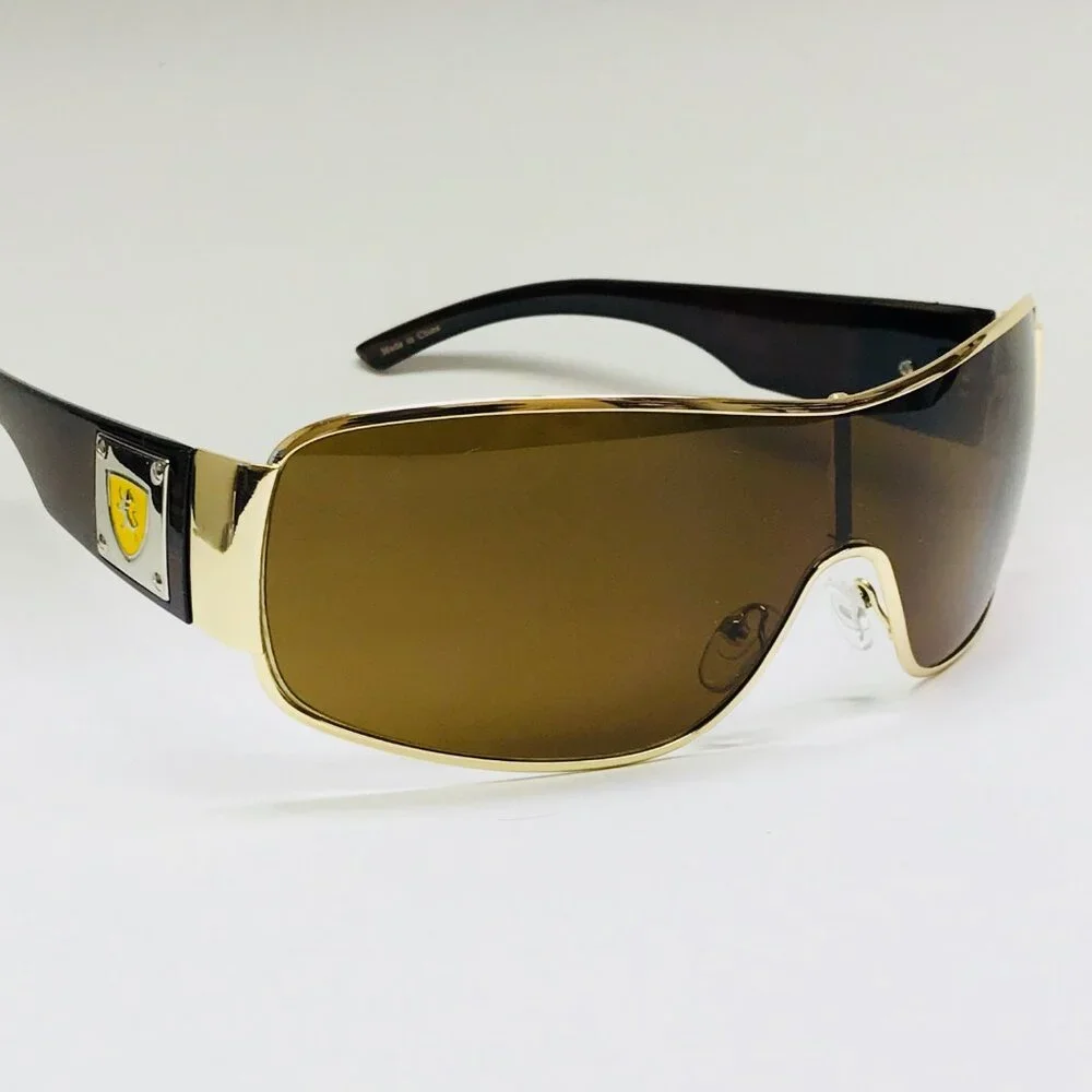 Men Fashion Sunglasses Single Metal Frame Gold Brown Lens‎ Shield Wrap Around